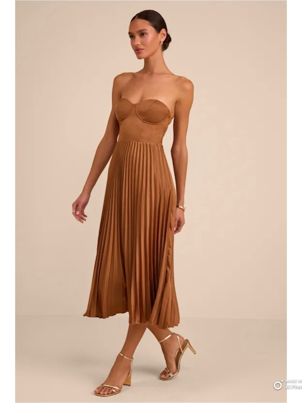 Lulu's Strapless Pleated Midi Dress in Chestnut Brown - Picture 9 of 15